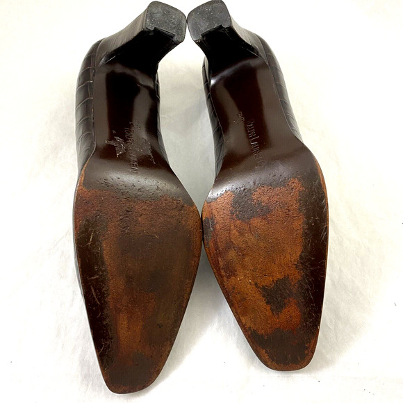 Ralph Lauren Pump Croc Embossed Brown Leather 3" Block Heel Classic 8.5 B - Picture 10 of 11